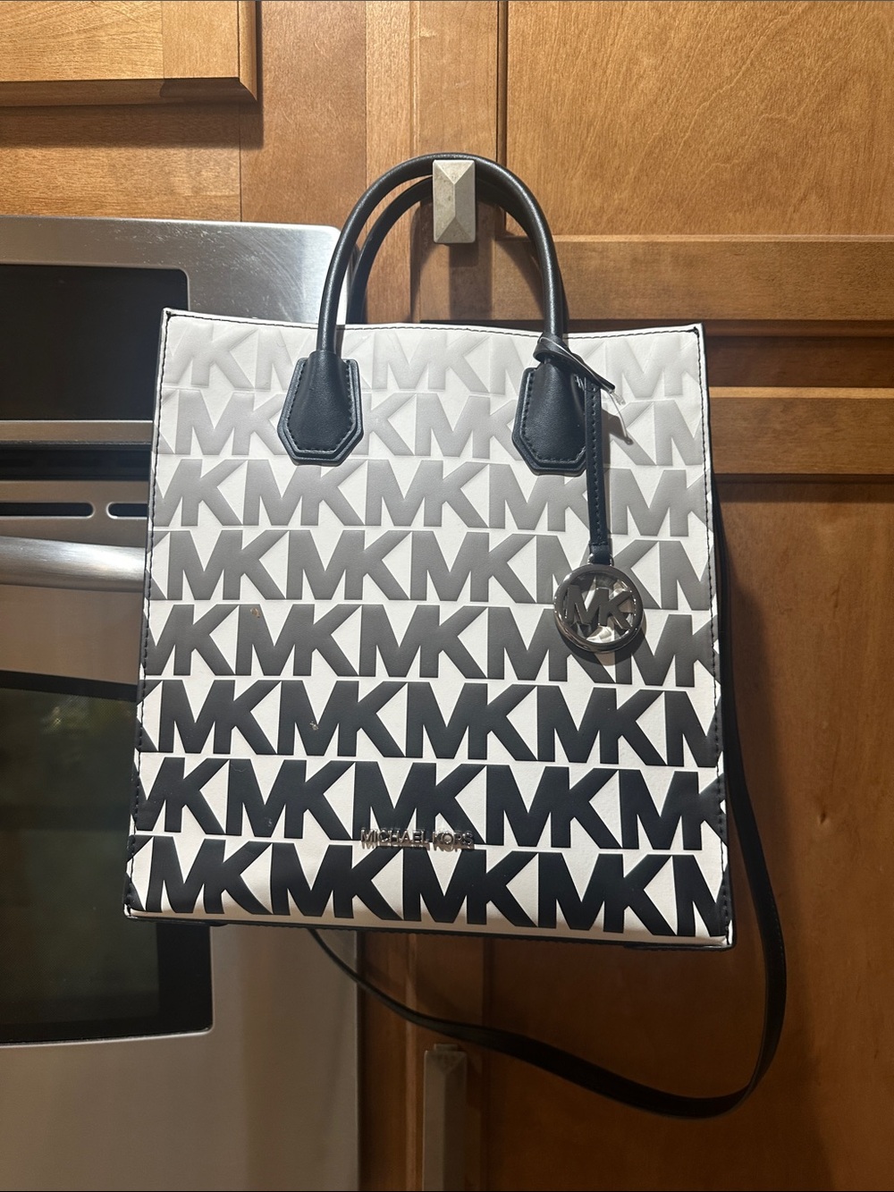 Michael Kors Black & White MK Logo Tote with Charm